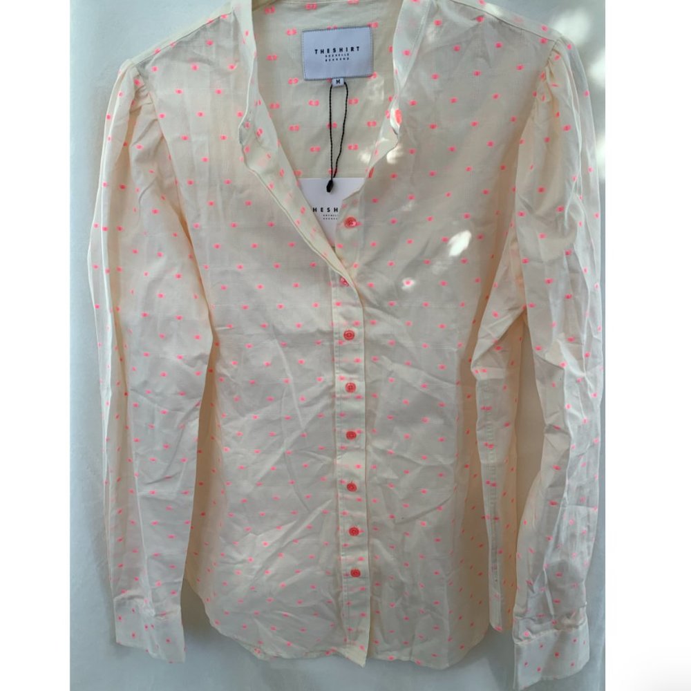cream button-down with pink dots